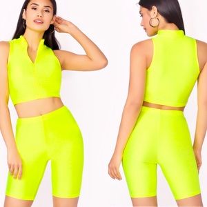 ✨ Neon Lime Zip Half Placket Top & Cycling Set✨